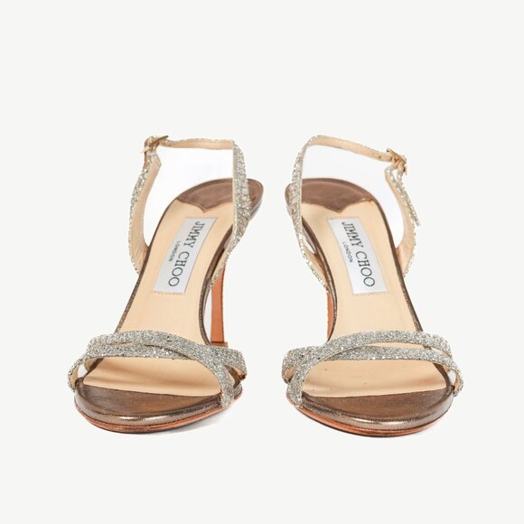 Jimmy Choo India Champagne Glitter Fabric Sandals - Picture 2 of 8